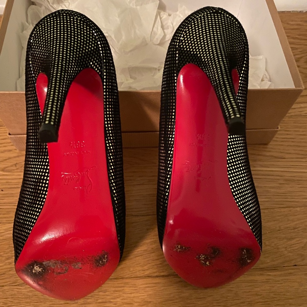 Christian Lounoutin platinum and suede stilettos